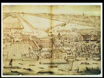 Vista aérea del Palacio de Whitehall, c.1695